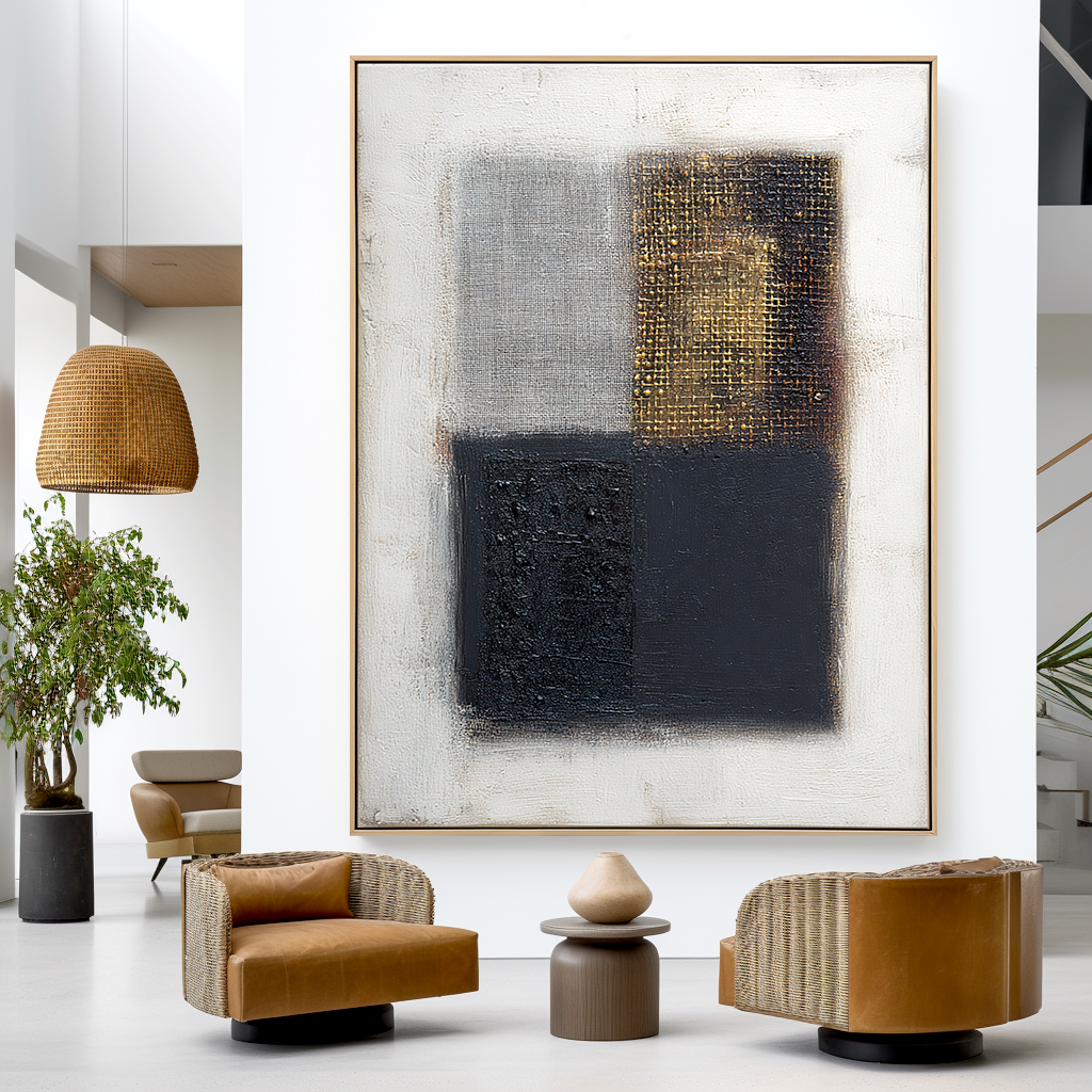Abstract geometric art with black, gray, and gold textured squares on a white background.
