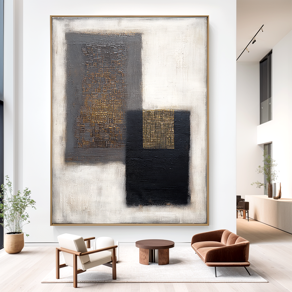 Abstract geometric art with black, gray, and gold textures on a white background.