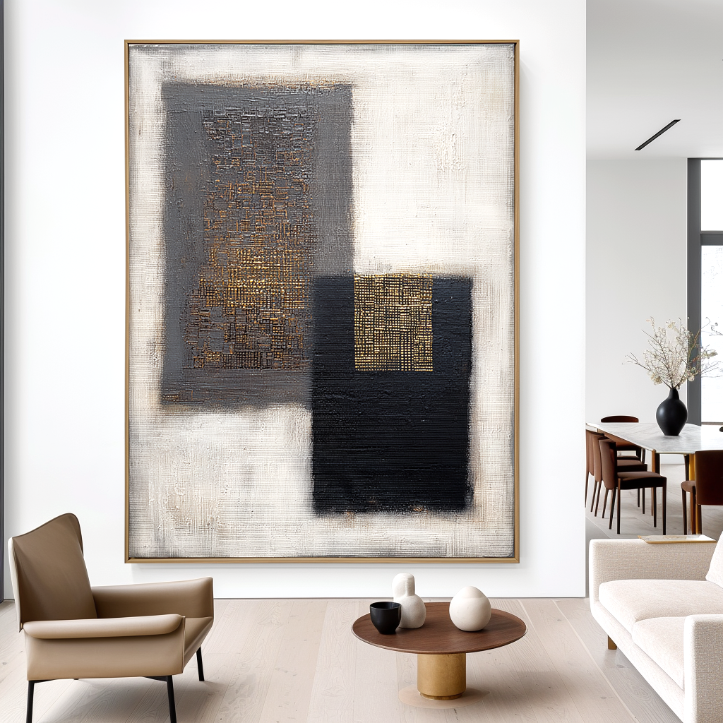 Abstract geometric art with black, gray, and gold textures on a white background.