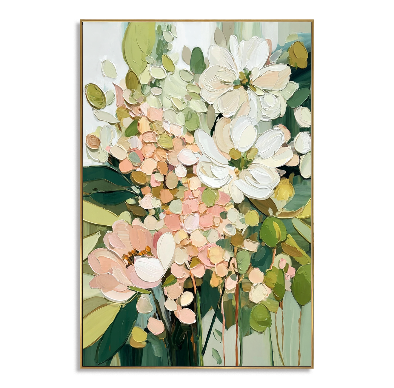 Floral pastel oil painting with textured brushstrokes featuring soft pink, white, and green hues.
