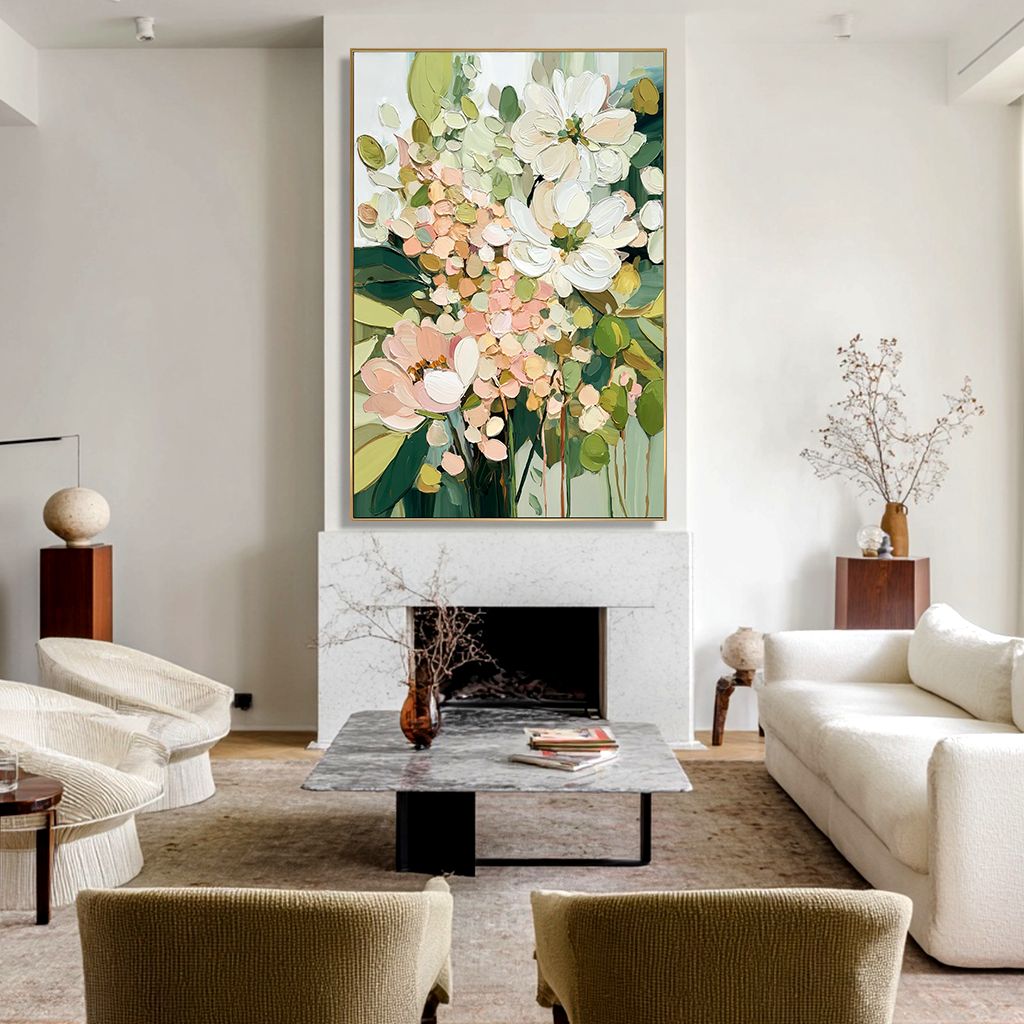 Floral pastel oil painting with textured brushstrokes featuring soft pink, white, and green hues.