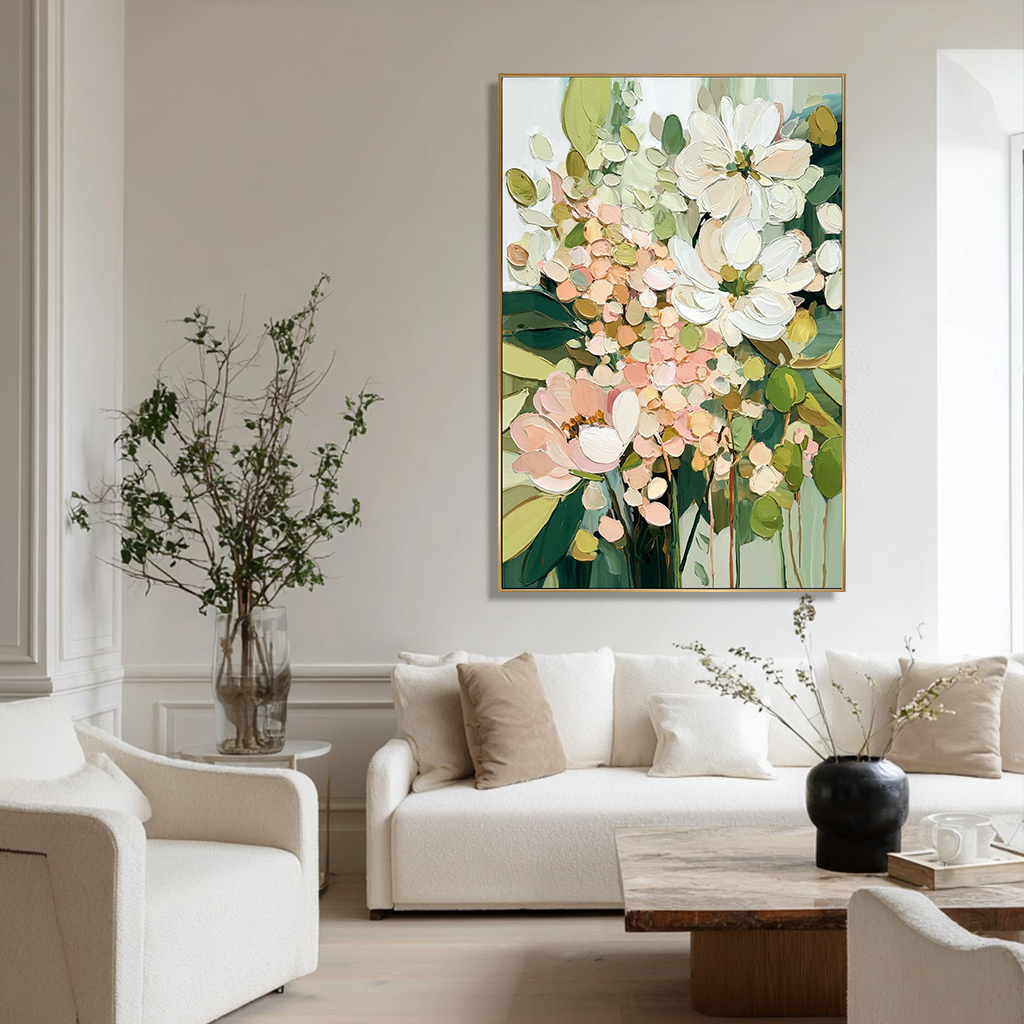 Floral pastel oil painting with textured brushstrokes featuring soft pink, white, and green hues.