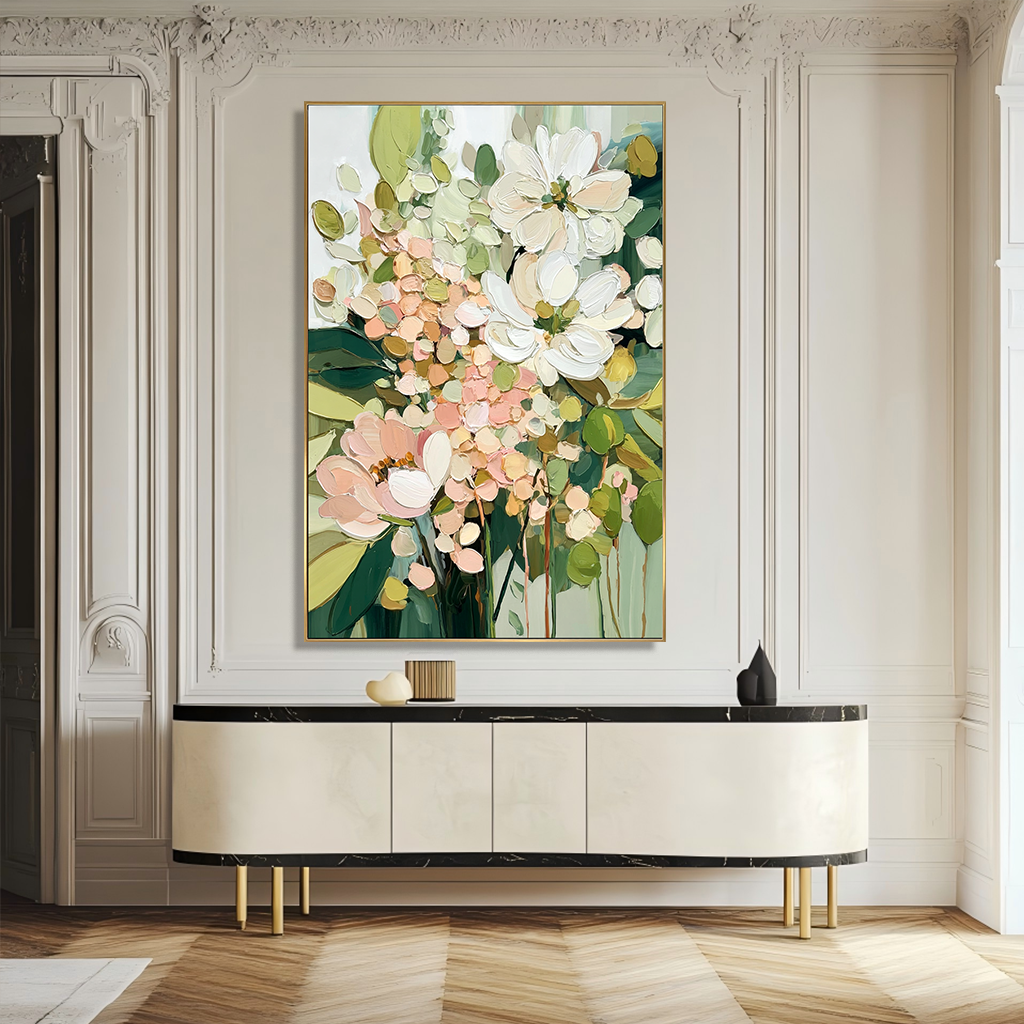 Floral pastel oil painting with textured brushstrokes featuring soft pink, white, and green hues.
