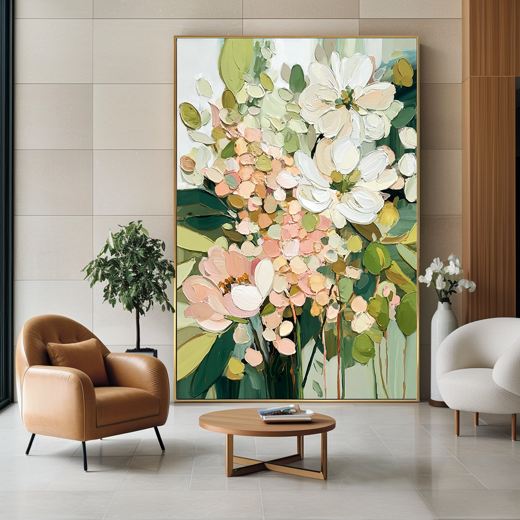 Floral pastel oil painting with textured brushstrokes featuring soft pink, white, and green hues.