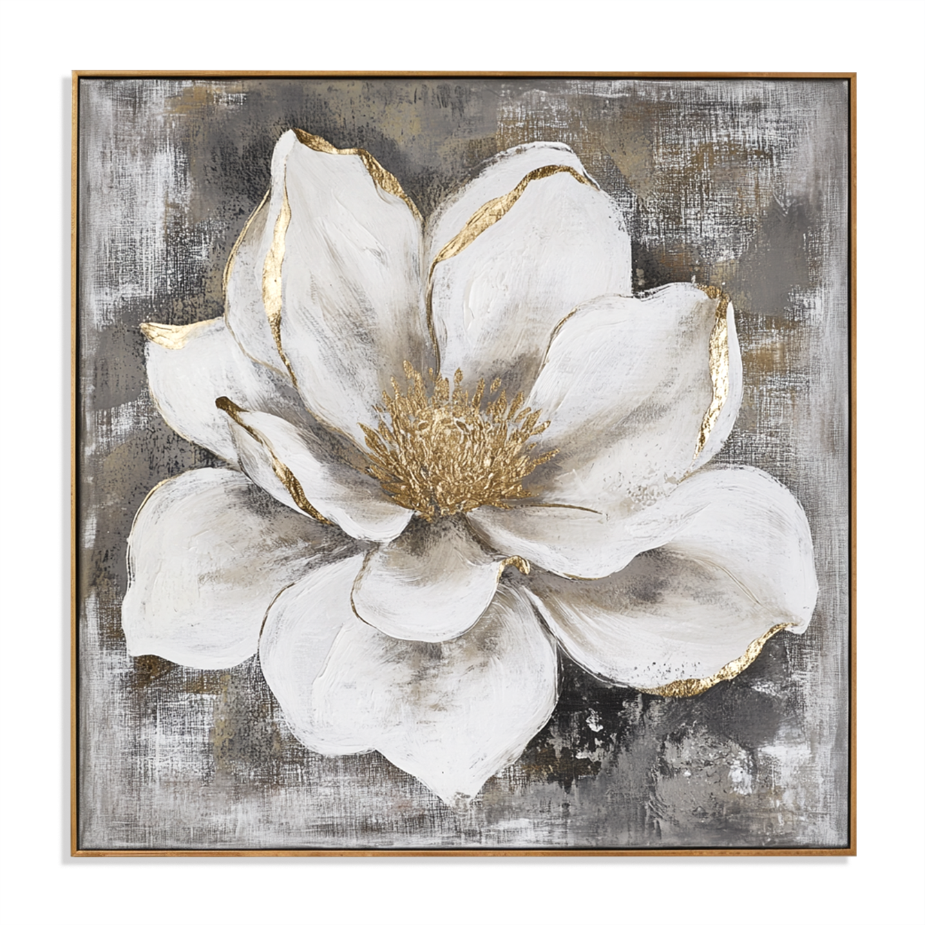 Elegant white floral canvas art with gold accents on soft gray and white background.