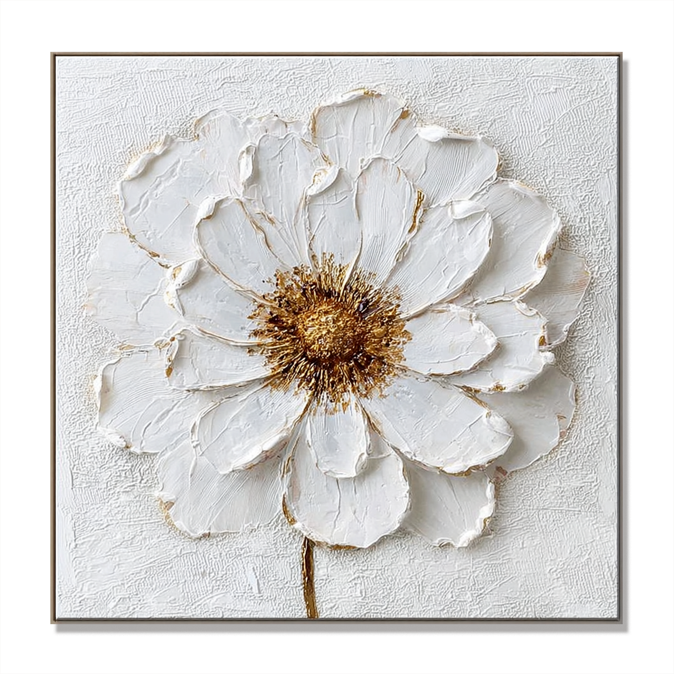 Textured white flower canvas art with gold accents and a soft, elegant appearance.