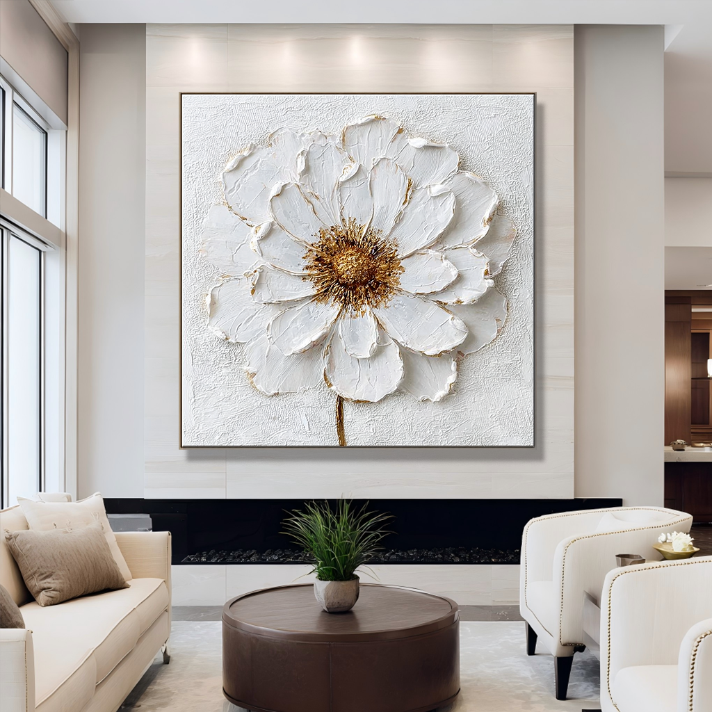 Textured white flower canvas art with gold accents and a soft, elegant appearance.