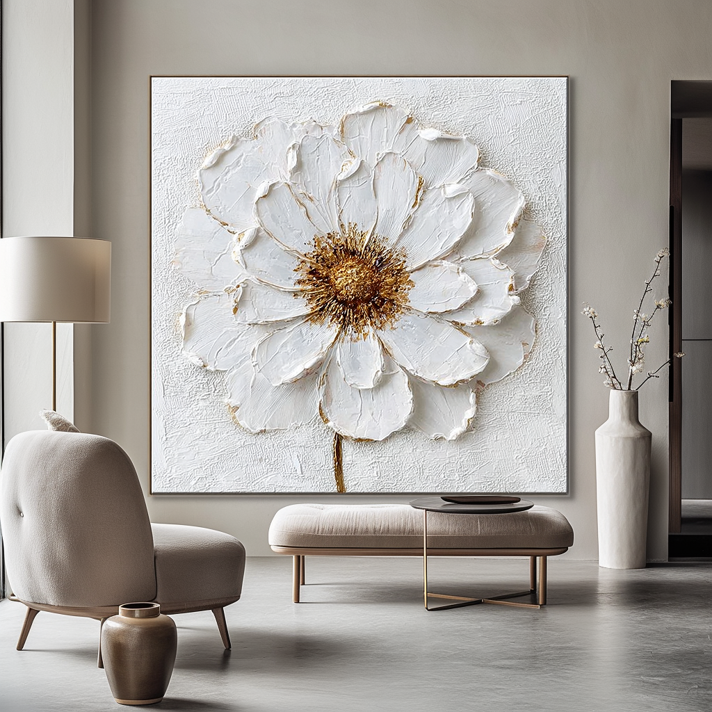 Textured white flower canvas art with gold accents and a soft, elegant appearance.