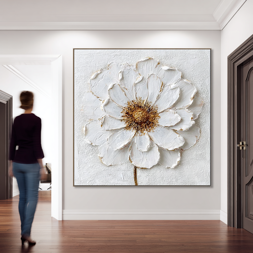 Textured white flower canvas art with gold accents and a soft, elegant appearance.