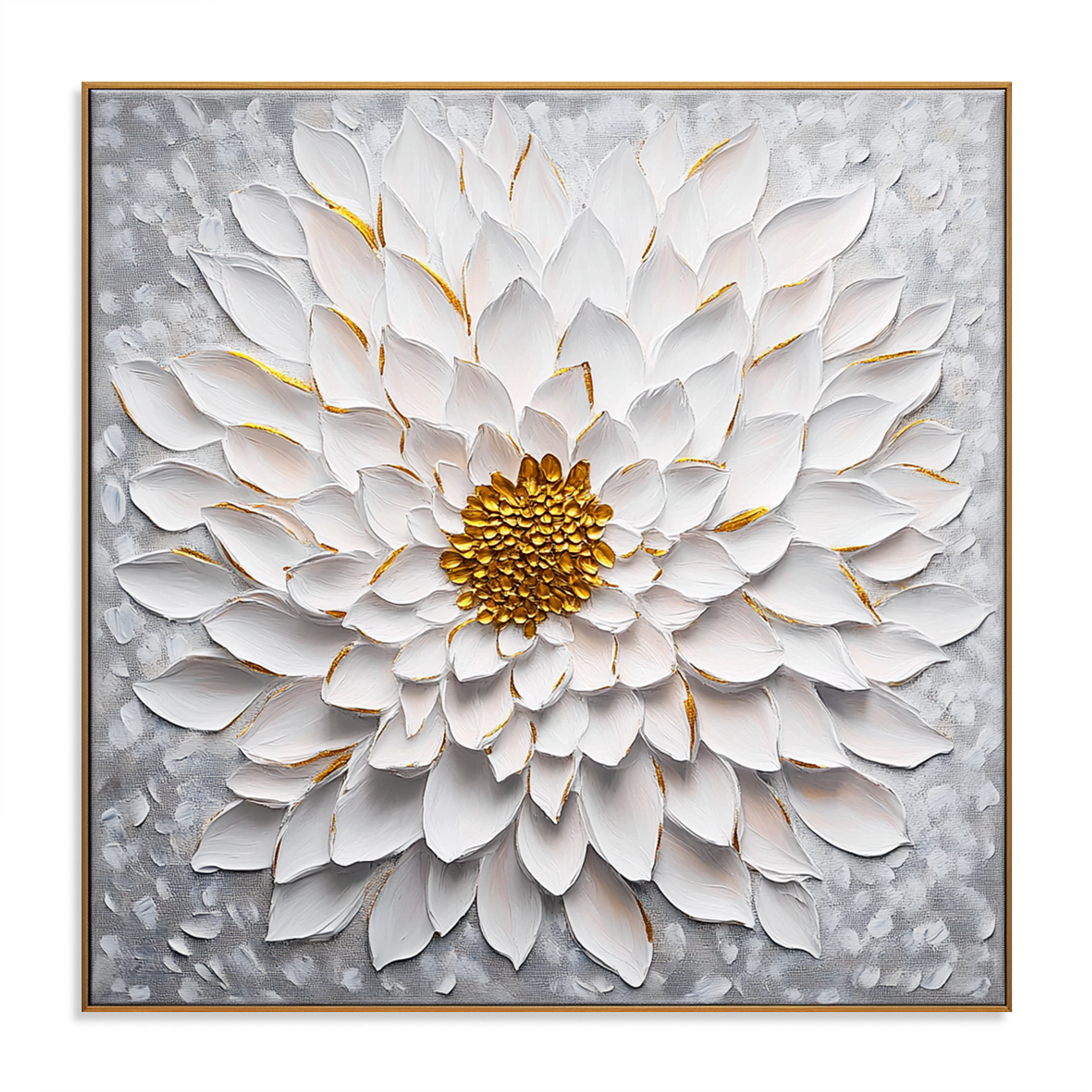 Textured white flower canvas art with gold accents, soft gray background.