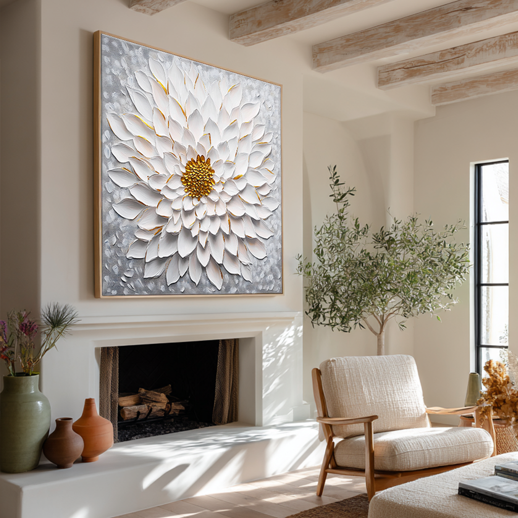 Textured white flower canvas art with gold accents, soft gray background.