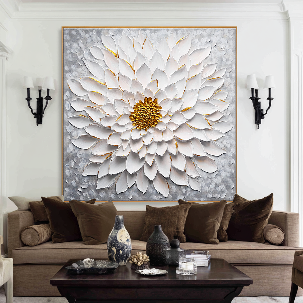 Textured white flower canvas art with gold accents, soft gray background.