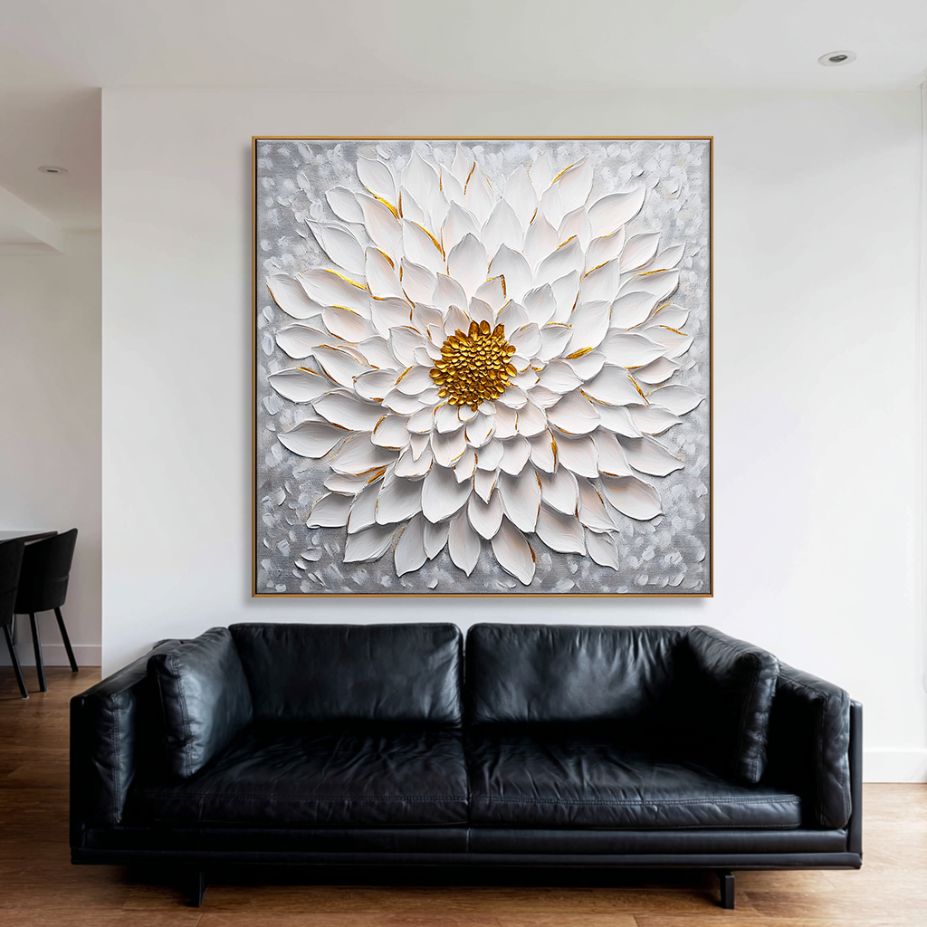 Textured white flower canvas art with gold accents, soft gray background.