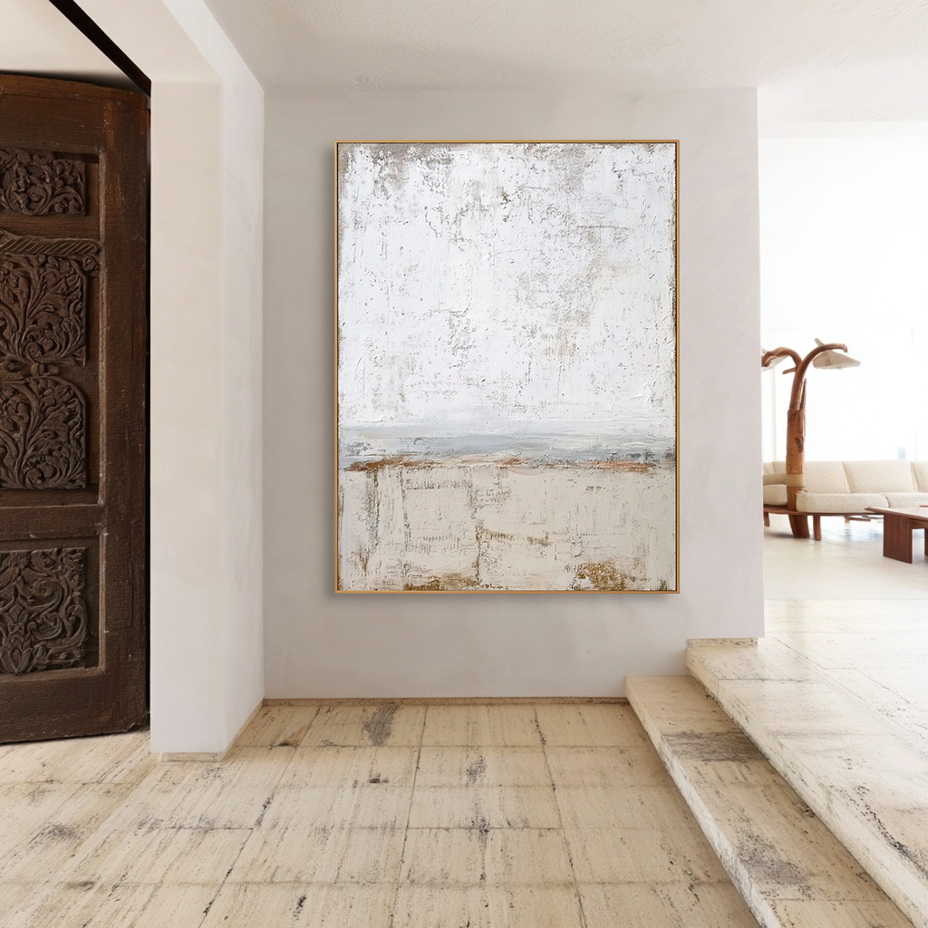 Minimalist abstract textured canvas art with soft white and beige tones.