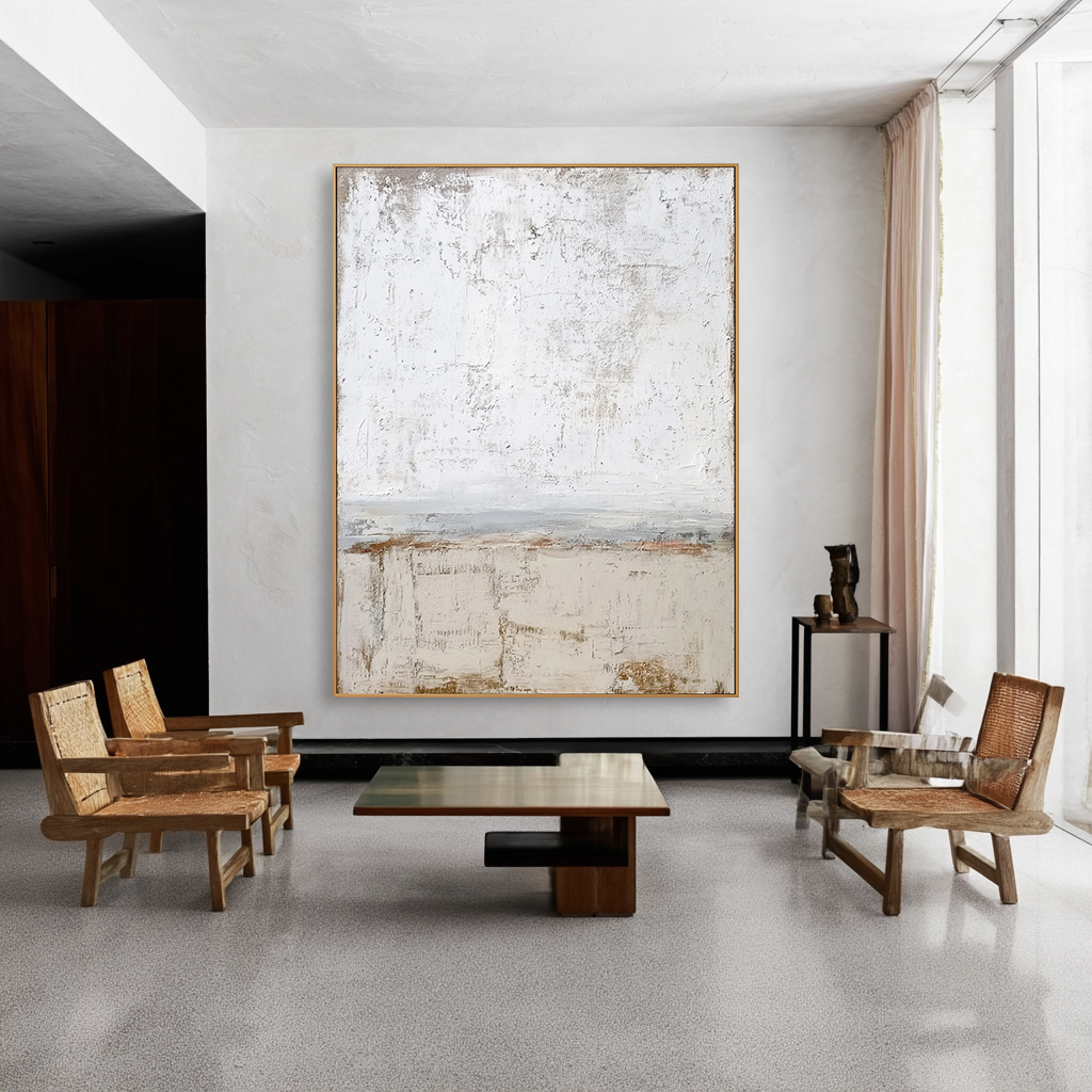 Minimalist abstract textured canvas art with soft white and beige tones.