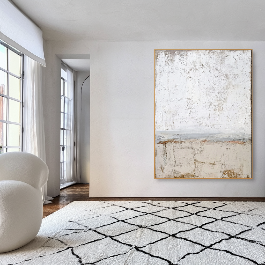 Minimalist abstract textured canvas art with soft white and beige tones.
