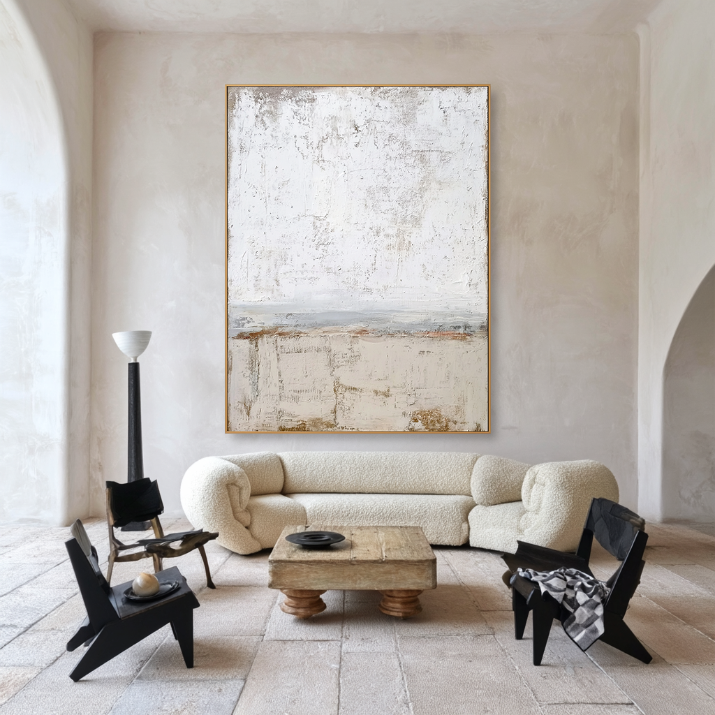 Minimalist abstract textured canvas art with soft white and beige tones.