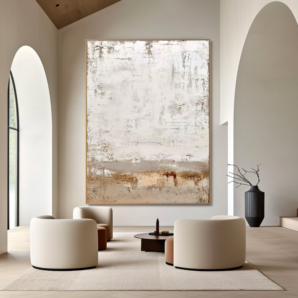 Abstract textured canvas art with soft white and beige tones, neutral and calming design.