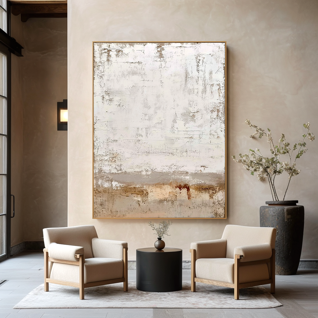 Abstract textured canvas art with soft white and beige tones, neutral and calming design.
