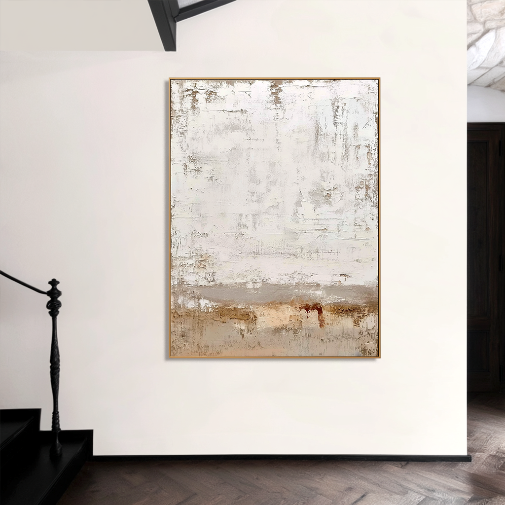 Abstract textured canvas art with soft white and beige tones, neutral and calming design.