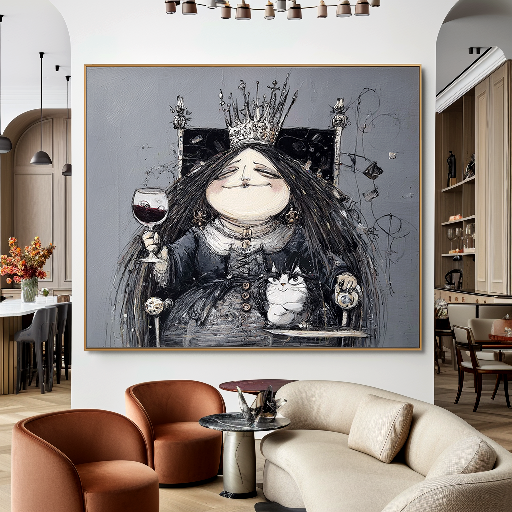 Whimsical queen with a crown and a glass of wine, sitting with a cat in an abstract style.