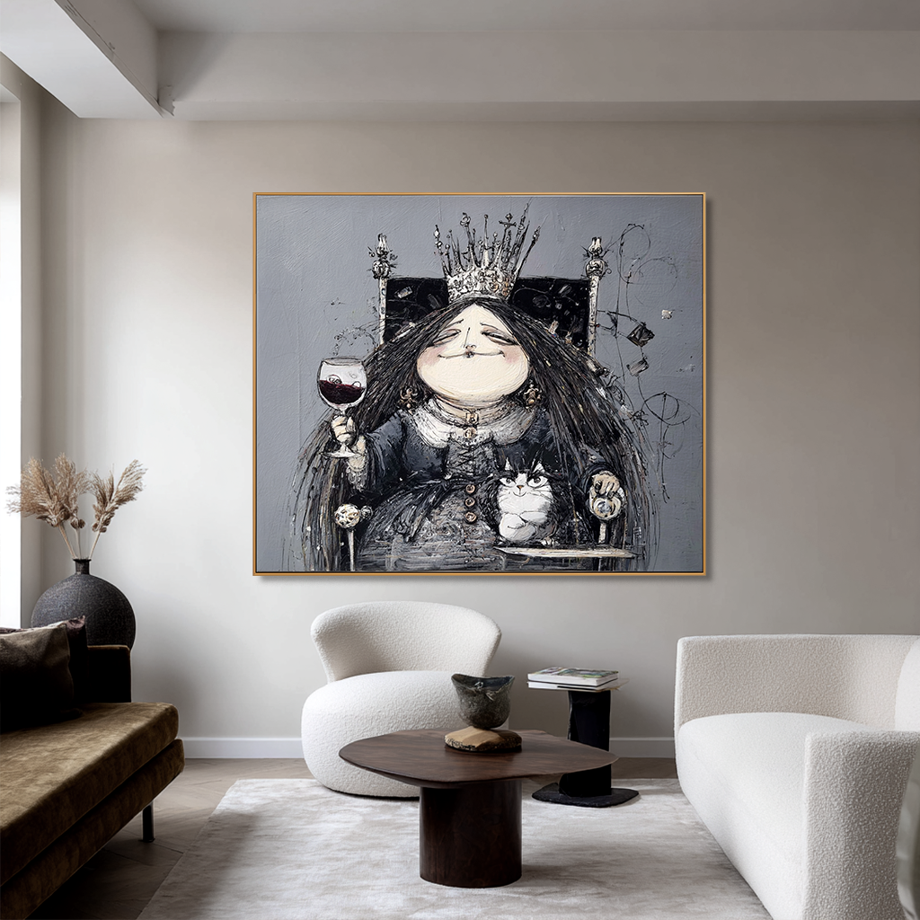 Whimsical queen with a crown and a glass of wine, sitting with a cat in an abstract style.