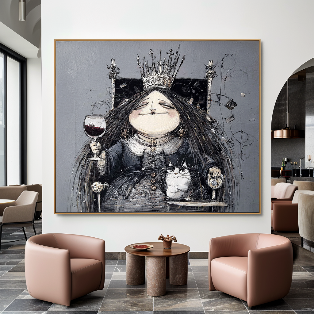 Whimsical queen with a crown and a glass of wine, sitting with a cat in an abstract style.