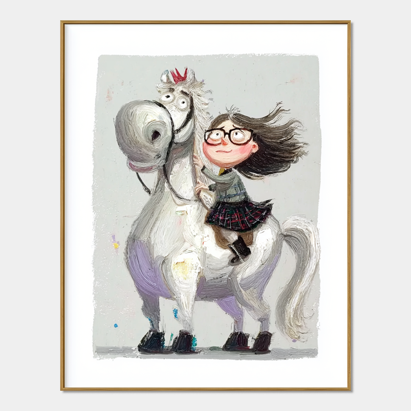 Playful girl riding a white horse with a red crown, smiling with glasses.