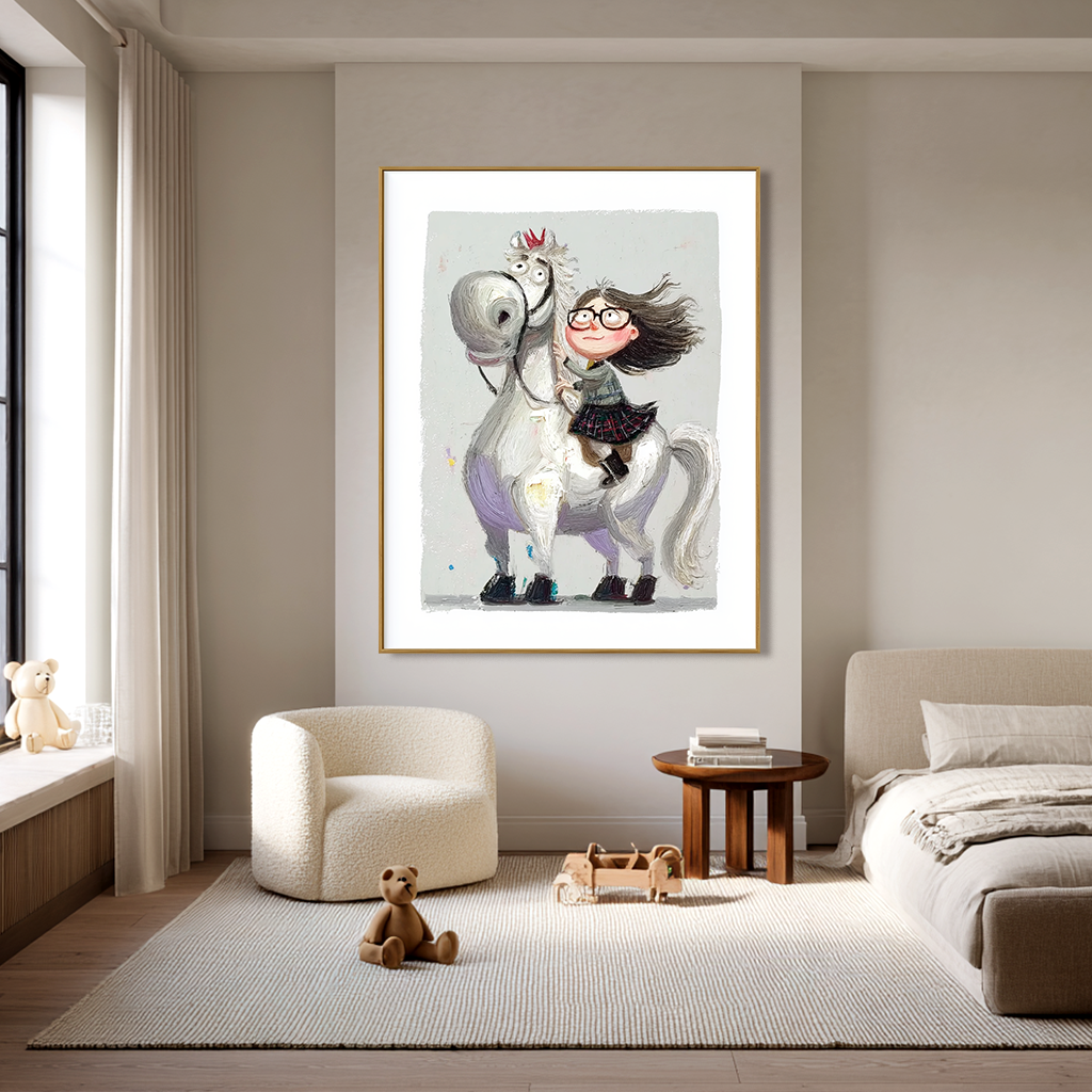 Playful girl riding a white horse with a red crown, smiling with glasses.