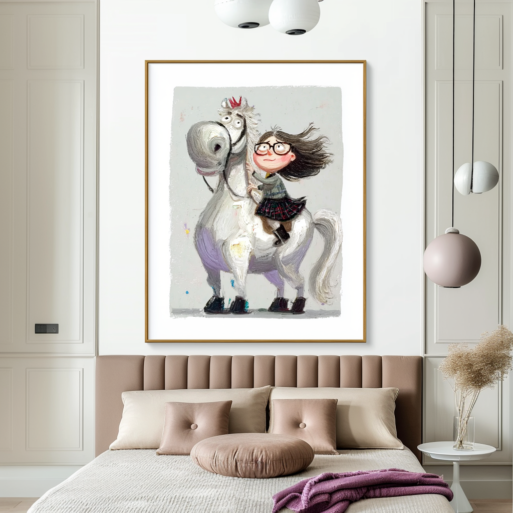 Playful girl riding a white horse with a red crown, smiling with glasses.