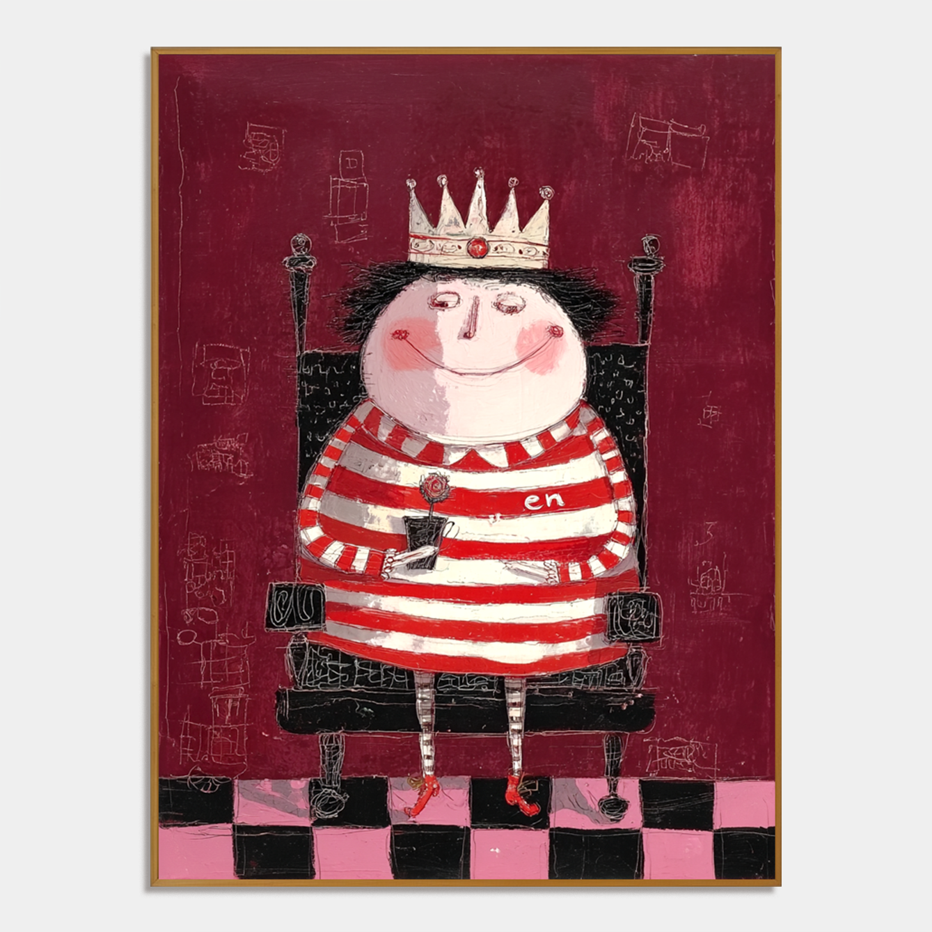 Whimsical queen in striped red and white outfit with a crown, holding a flower.