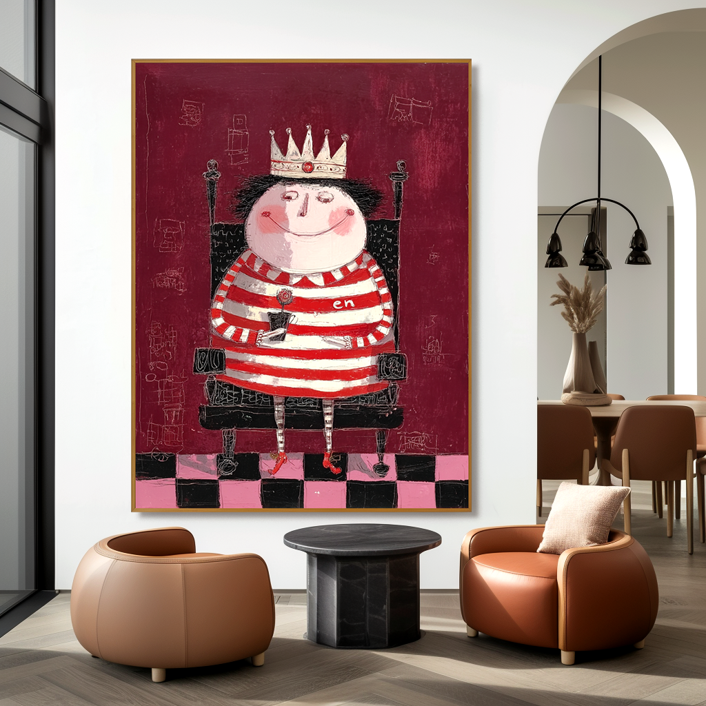 Whimsical queen in striped red and white outfit with a crown, holding a flower.