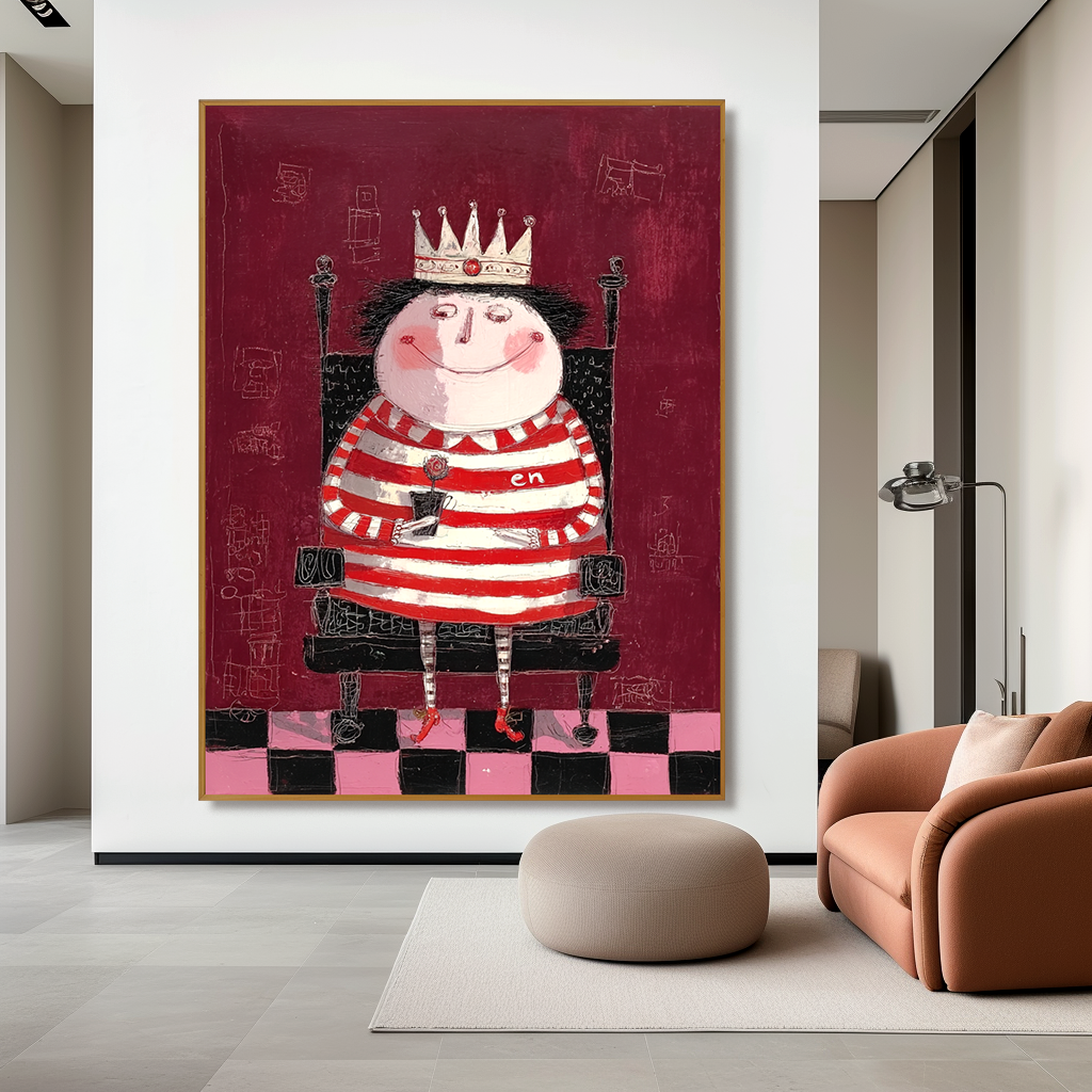 Whimsical queen in striped red and white outfit with a crown, holding a flower.