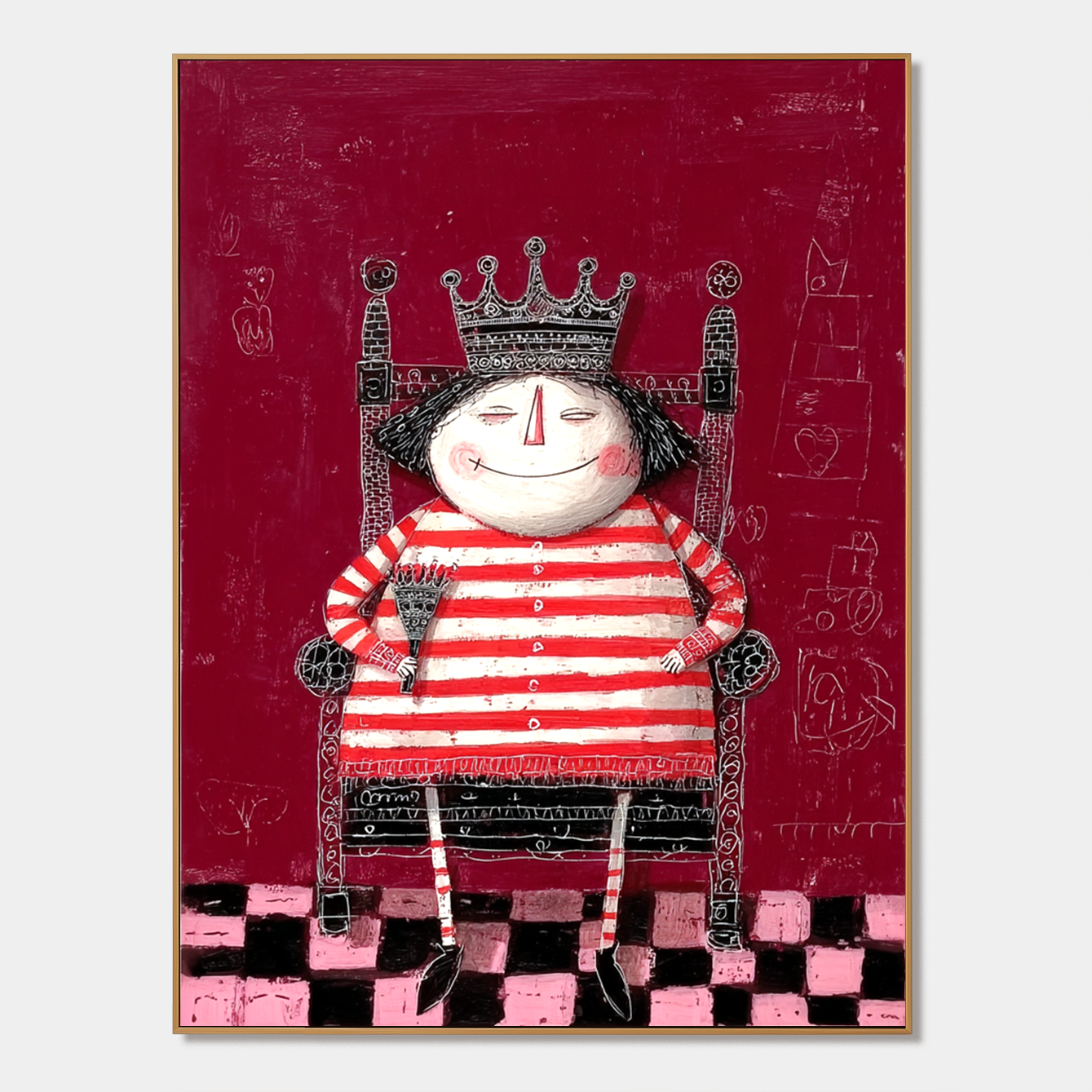 Whimsical queen in a striped red and white outfit with a crown, holding an umbrella.