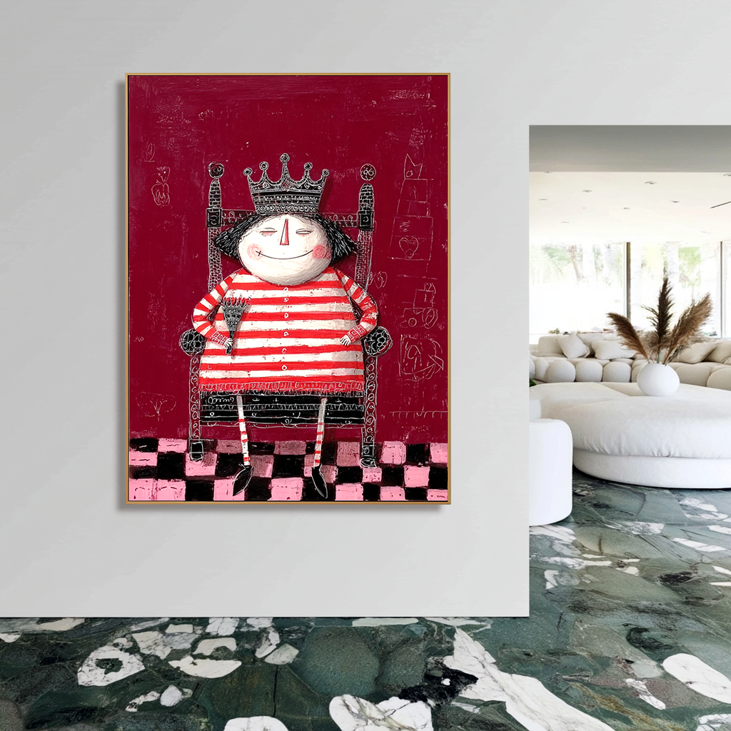 Whimsical queen in a striped red and white outfit with a crown, holding an umbrella.