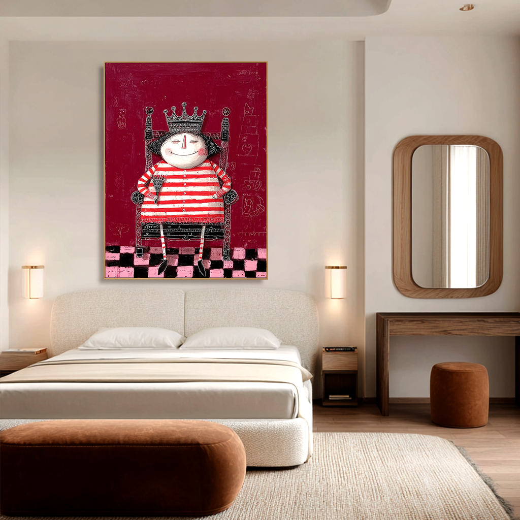Whimsical queen in a striped red and white outfit with a crown, holding an umbrella.