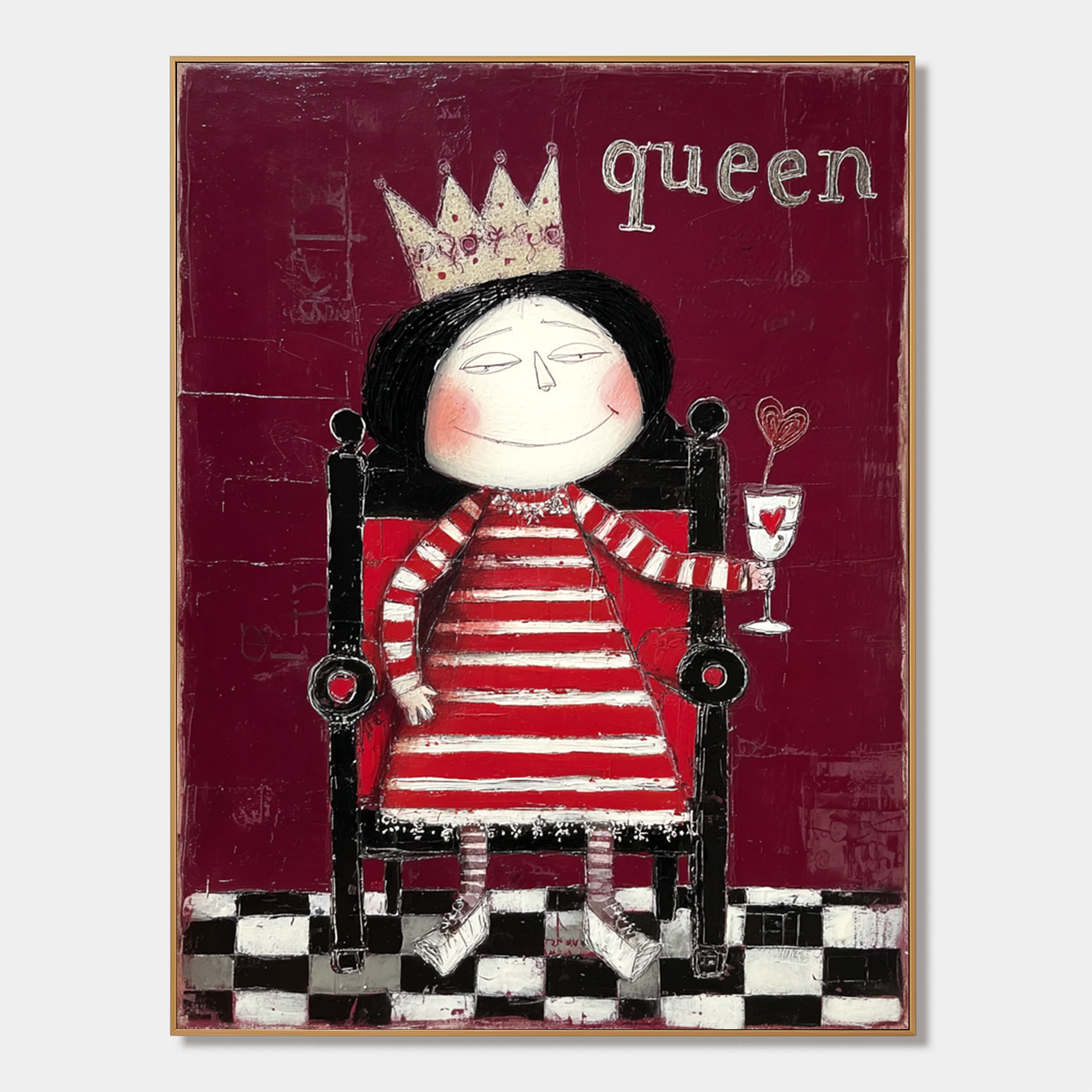Whimsical queen in a striped dress with a crown, holding a heart-shaped lollipop.