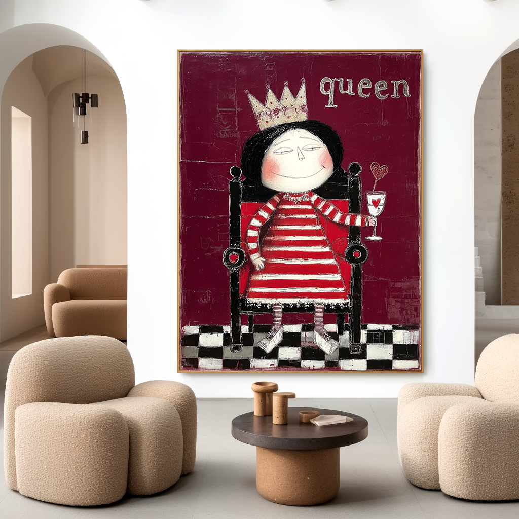 Whimsical queen in a striped dress with a crown, holding a heart-shaped lollipop.