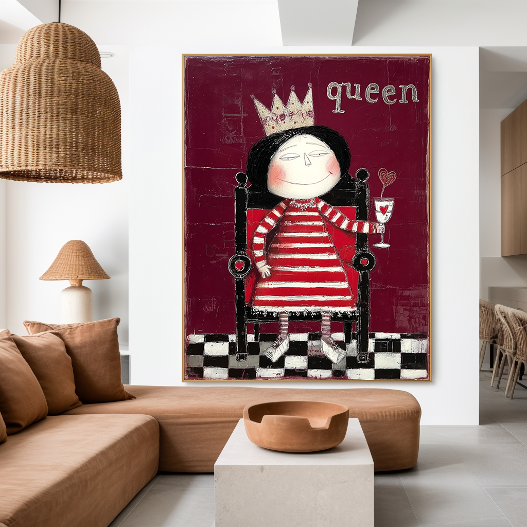 Whimsical queen in a striped dress with a crown, holding a heart-shaped lollipop.