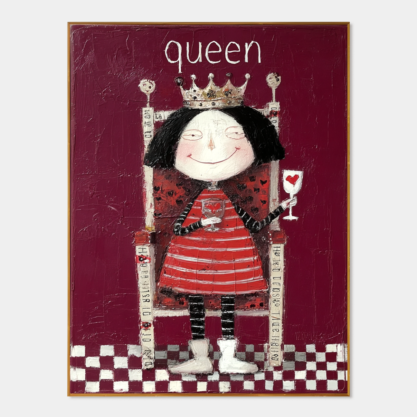 Whimsical queen in a striped dress with a crown, holding a heart-shaped glass.
