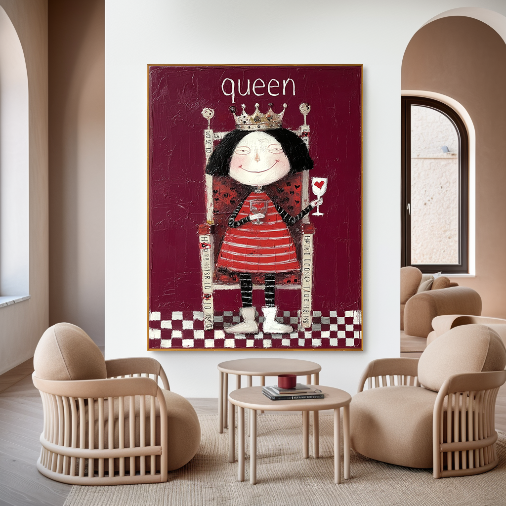 Whimsical queen in a striped dress with a crown, holding a heart-shaped glass.