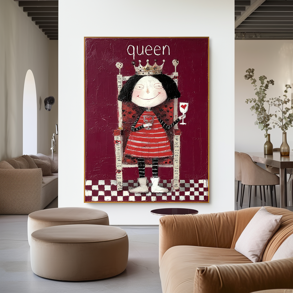 Whimsical queen in a striped dress with a crown, holding a heart-shaped glass.