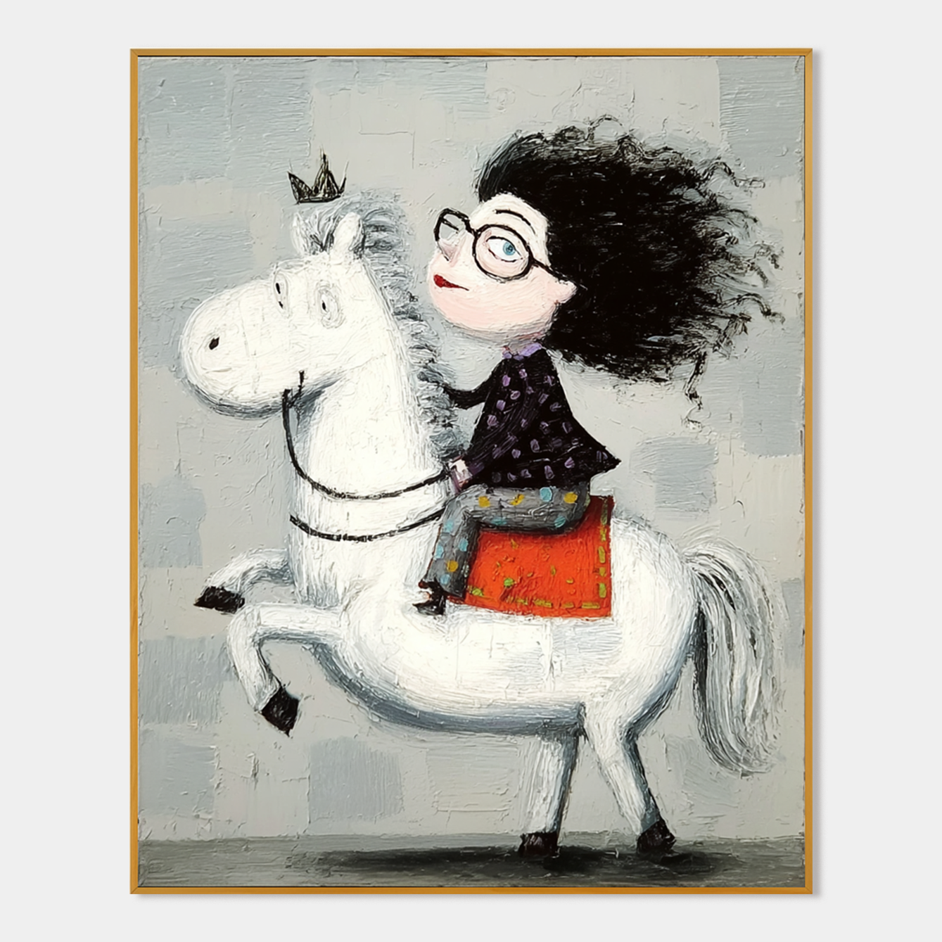 Whimsical girl with a crown riding a white horse with wild hair, smiling.
