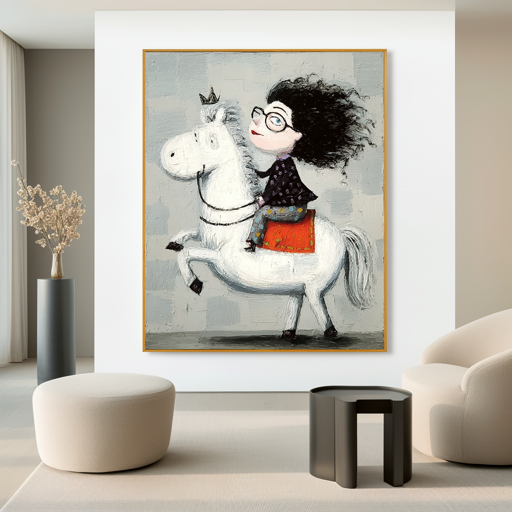 Whimsical girl with a crown riding a white horse with wild hair, smiling.