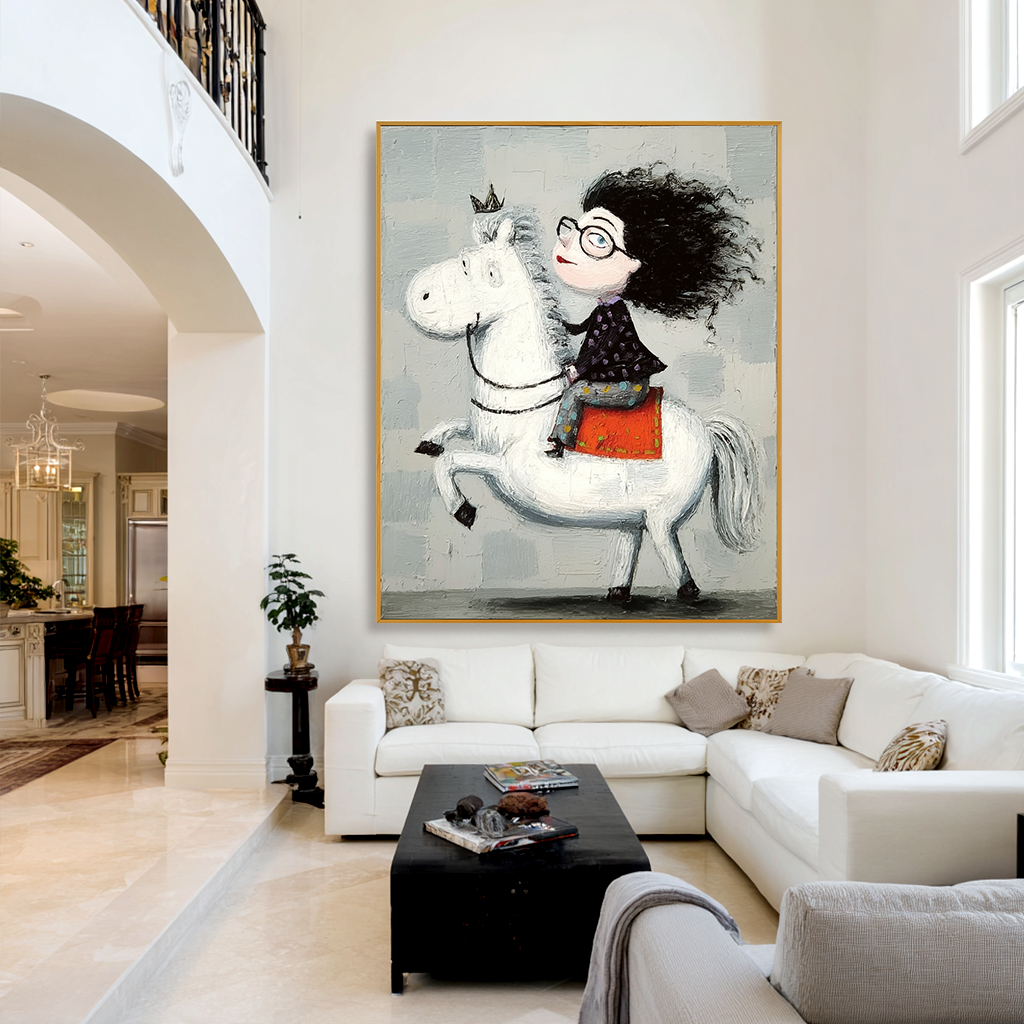 Whimsical girl with a crown riding a white horse with wild hair, smiling.