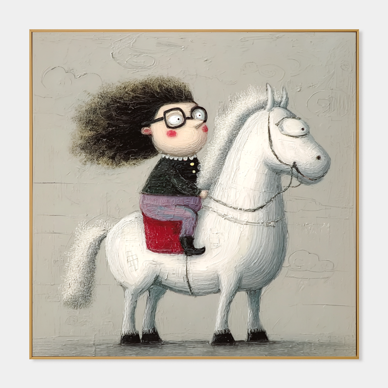Adventurous girl with glasses riding a white horse, smiling with curly hair.