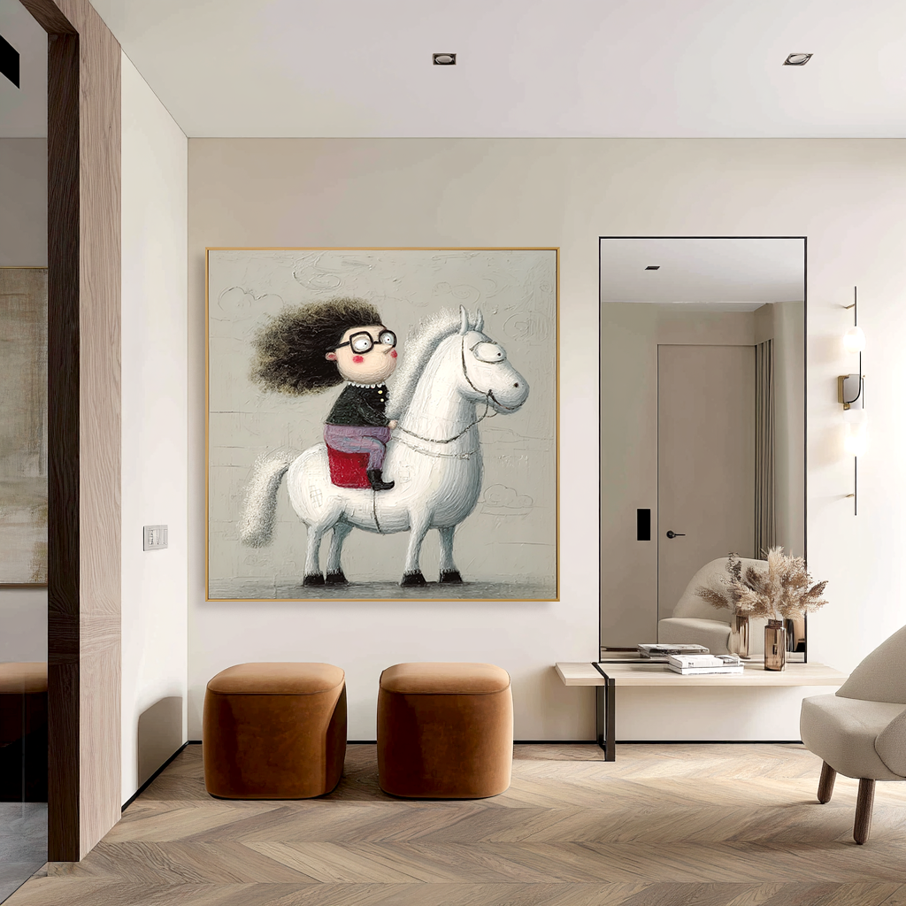 Adventurous girl with glasses riding a white horse, smiling with curly hair.