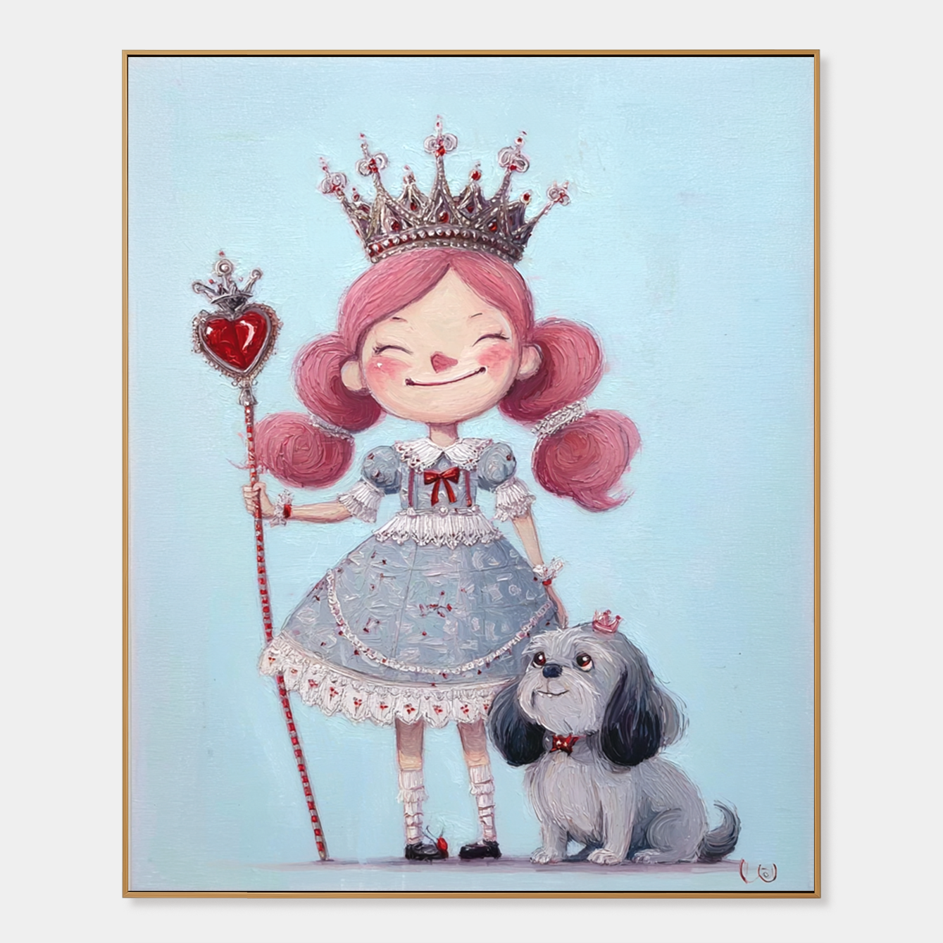 Playful princess with pink hair, crown, and heart-shaped scepter, standing with her dog.