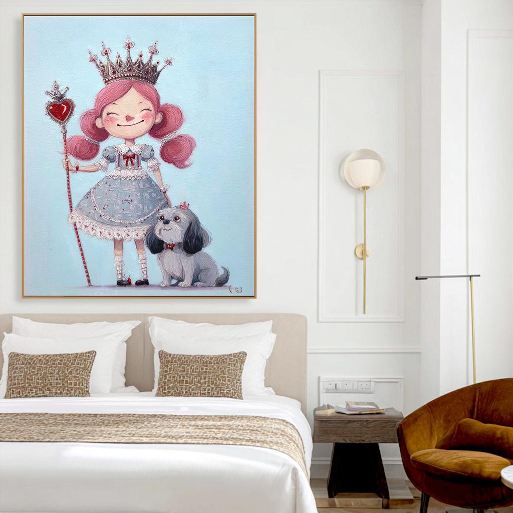 Playful princess with pink hair, crown, and heart-shaped scepter, standing with her dog.