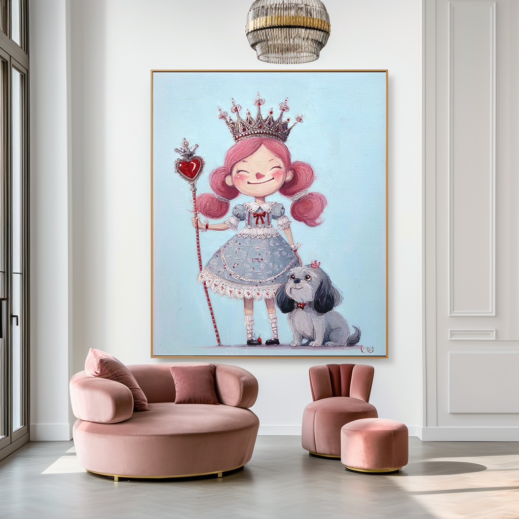 Playful princess with pink hair, crown, and heart-shaped scepter, standing with her dog.